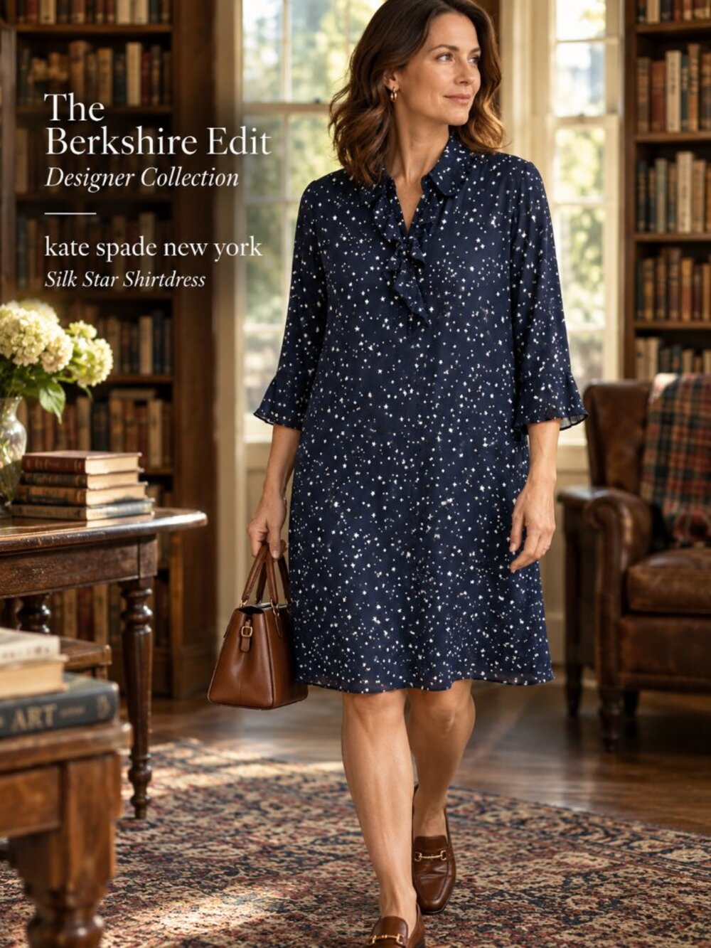 Kate Spade Night Sky Silk Star Print Shirtdress Navy Ruffle Dress M